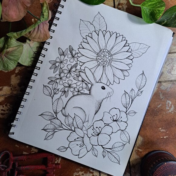 Bunny with flowers pen drawing 8x12" - Picture 1 of 1